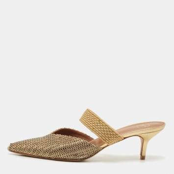Pre Owned Malone Souliers Beige/Gold Straw and Woven Fabric Maisie Mules Size 41