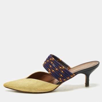 Malone Souliers Yellow/Navy Blue Raffia and Cord Maisie Pointed Toe Mules Size 39
