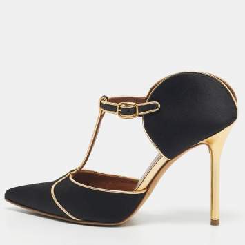 Pre Owned Malone Souliers Black/Gold Satin And Leather Imogen Pointed Toe Sandals Size 37
