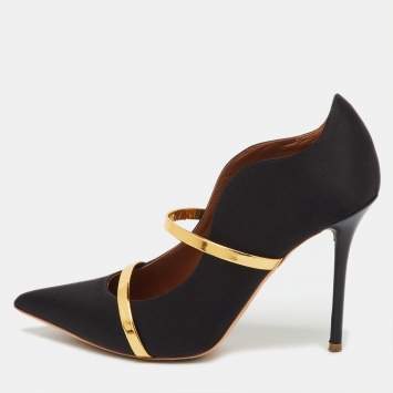 Pre Owned Malone Souliers Black/Gold Satin and Leather Maureen Flat Mules Size 39