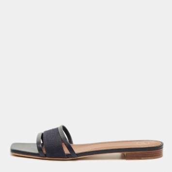Pre Owned Malone Souliers Black Leather and Canvas Macrame Napa Flat Slides Size 42