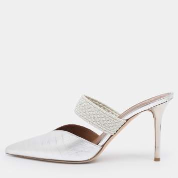 Pre Owned Malone Souliers Silver Lizard Embossed Leather Maisie Mules Size 39