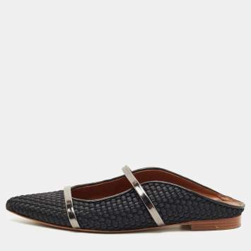 Pre Owned Malone Souliers Black/Silver Leather and Woven Fabric Maureen Mules Size 39