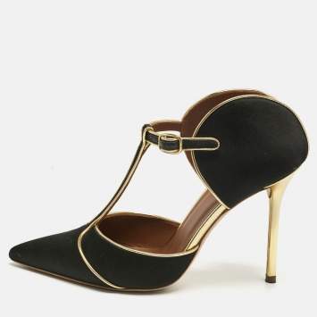 Pre Owned Malone Souliers Black/Gold Leather and Satin Imogen Slide Sandals Size 38
