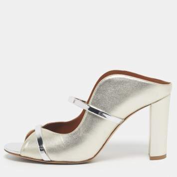 Pre Owned Malone Souliers Silver/Gold Leather Norah Slide Sandals Size 39