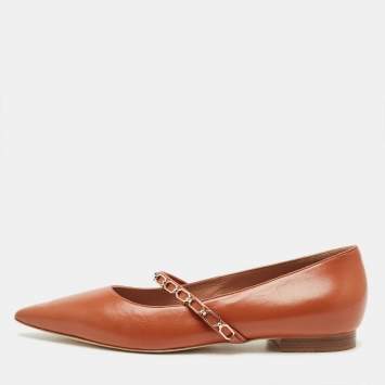 Pre Owned Malone Souliers Brown Leather Virna Chain Detail Mary Jane Ballet Flats Size 39