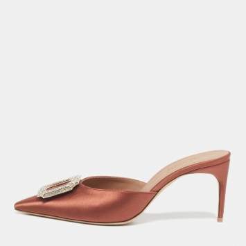 Pre Owned Malone Souliers Rose Gold Satin Mona 70 Crystal Embellished Mules Size 37
