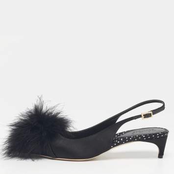 Pre Owned Malone Souliers Black Satin Pom Pom Fur Andrea Slingback Pumps Size 39