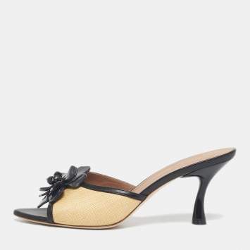 Pre Owned Malone Souliers Beige/Black Raffia and Leather Cyd Sandals Size 39