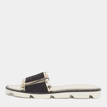 Pre Owned Malone Souliers Brown/Metallic Velvet and Foil Leather Flat Slides Size 36.5