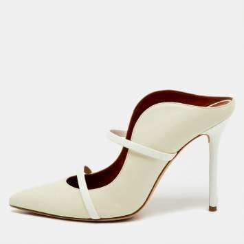 Pre Owned Malone Souliers Off White Leather and Patent Maureen Pointed Toe Mules Size 40.5