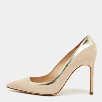 مملوكة مسبقًا Malone Souliers Cream/Gold Patent Leather and Suede Pointed Toe Pumps Size 36