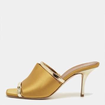 Pre Owned Malone Souliers Mastard/Gold Leather and Satin Laney Slide Sandals Size 38
