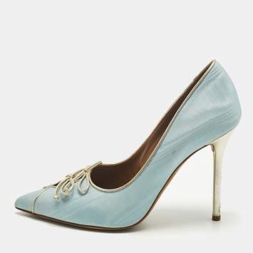 مملوكة مسبقًا Malone Souliers Blue Canvas Double Bow Pointed Toe Pumps Size 38