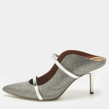 Pre Owned Malone Souliers Metallic Silver Glitter and Leather Maureen Sandals Size 40