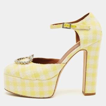Pre Owned Malone Souliers Yellow/White Fabric Crystal Embellished Platform Pumps Size 39