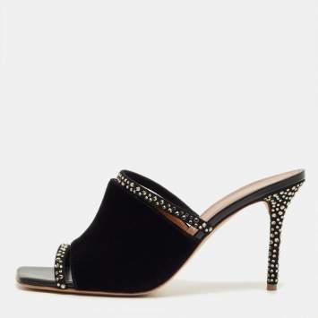 Pre Owned Malone Souliers Laney Size 40.5 Black Suede and Velvet Crystal Embellished Slide Sandals