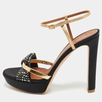 مملوكة مسبقًا Malone Souliers Lauren Size 39 Black/Gold Leather and Satin Platform Sandals