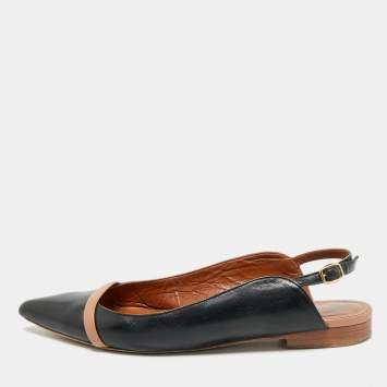 Pre Owned Malone Souliers Marion Luwolt Black/Beige Leather Slingback Flats Size 36.5