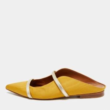 Pre Owned Malone Souliers Yellow/Gold Canvas and Leather Maureen Pointed Toe Flats 