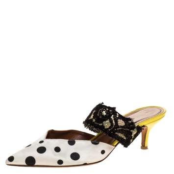 Pre Owned Malone Souliers x Emanuel Ungaro White/Black Polka Dot Satin And Lace Maisie Pointed Toe Mules Size 38.5