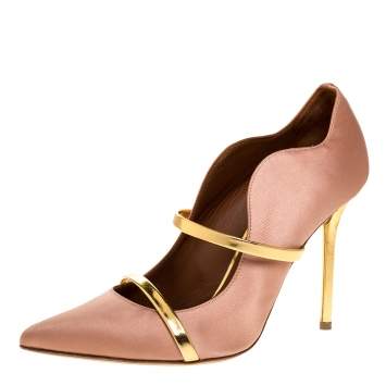 Pre Owned Malone Souliers Brown Satin And Leather Maureen Pointed Toe Pumps Size 38.5 