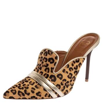 Pre Owned Malone Souliers Brown Leapord Print Pony Hair Hayley Mules Size 38.5