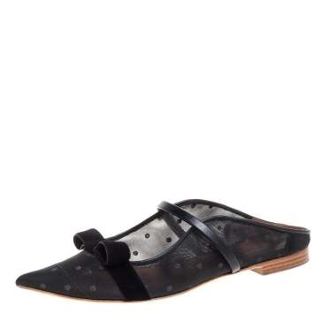 Pre Owned Malone Souliers By Roy Luwolt Black Mesh And Velvet Marguerite Bow Flat Mules Size 37.5