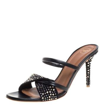 Pre Owned Malone Souliers Black Leather and Suede Tasham Crystal Embellished Slide Sandals Size 38
