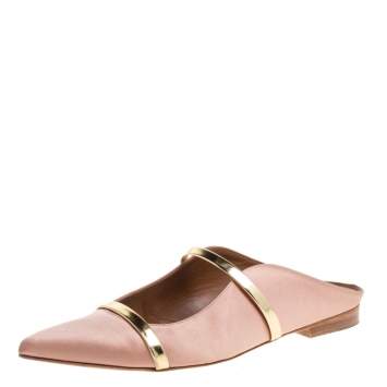 Pre Owned Malone Souliers Beige/Gold Satin Maureen Pointed Toe Flats Size 37.5