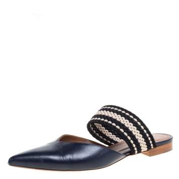 Pre Owned Malone Souliers Navy Blue Leather Maisie Pointed Toe Flat Mules Size 37.5
