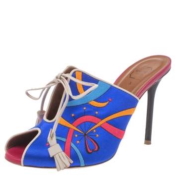 Pre Owned Malone Souliers Blue Satin Embroidered Peep Toe Lace Up Slide Mules Size 36