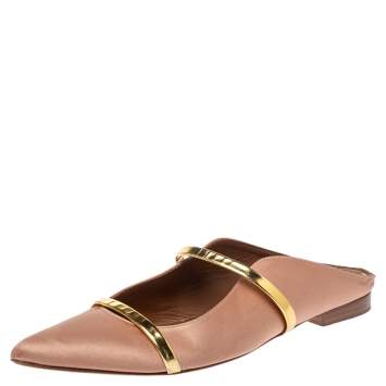 Pre Owned Malone Souliers Beige/Gold Satin Maureen Pointed Toe Flats Size 39.5