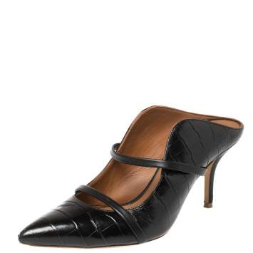 Pre Owned Malone Souliers Black Croc Embossed Leather Maureen Pointed Toe Mules Size 39