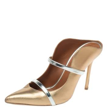 Pre Owned Malone Souliers Metallic Bronze/Silver Leather Maureen Pointed Toe Mules Size 37.5