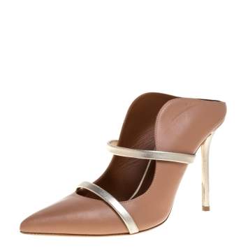 Pre Owned Malone Souliers Beige/Gold Leather Maureen Mules Size 38.5