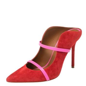 Pre Owned Malone Souliers Red/Pink Suede and Leather Maureen Mules Size 38.5
