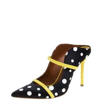 Pre Owned Malone Souliers Black Polka Dots Nylon and Leather Trim Maureen Pointed Toe Mules Size 39