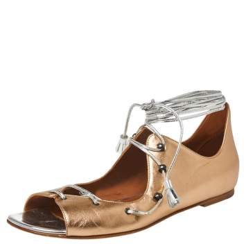 Pre Owned Malone Souliers Metallic Beige Leather Savannah Ankle Wrap Flats Size 39