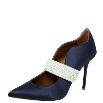 Pre Owned Malone Souliers By Roy Luwolt Navy Blue Satin Maisie Pointed Toe Pumps Size 36