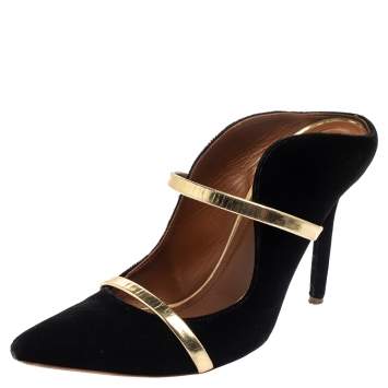 Pre Owned Malone Souliers Black and Gold Suede Maureen Pointed Toe Mules Size 38