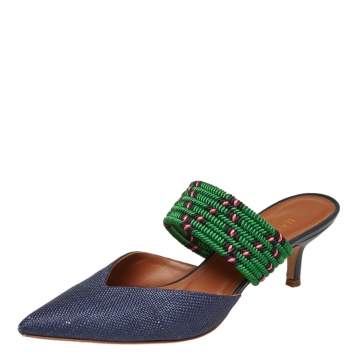 Pre Owned Malone Souliers Blue/Green Raffia And Fabric Maisie Mule Size 36.5