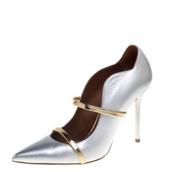 Pre Owned Malone Souliers Silver/Gold Leather Maureen Pointed Toe Pumps Size 39.5