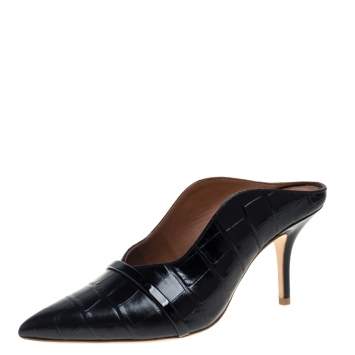 Pre Owned Malone Souliers Black Croc Embossed Leather Maureen Pointed Toe Mules Size 38