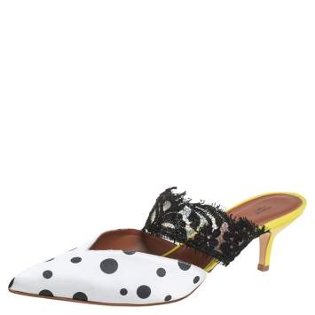 Pre Owned Malone Souliers x Emanuel Ungaro White/Black Polka Dot Satin And Lace Maisie Pointed Toe Mules Size 40.5