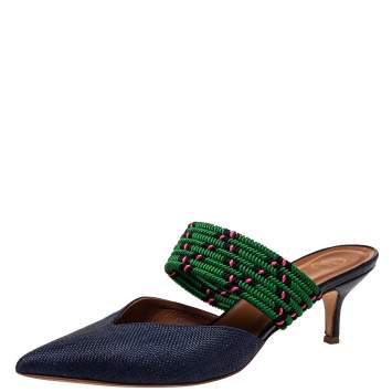 Pre Owned Malone Souliers by Roy Luwolt Blue/Green Canvas And Raffia Maisie Pointed Toe Mules Size 39
