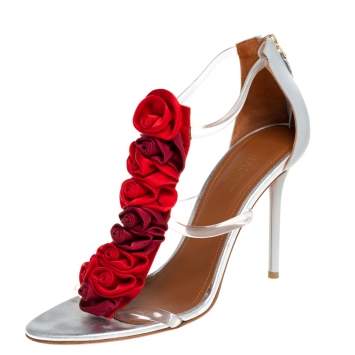 Pre Owned Malone Souliers Grey Leather And PVC Rose Embellishment  Ankle Strap Sandals Size 39