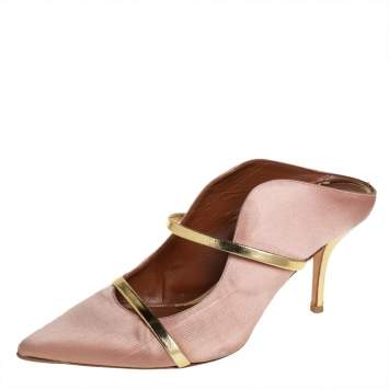 Pre Owned Malone Souliers Beige Satin And Gold Leather Maureen Pointed Toe Mules Size 40