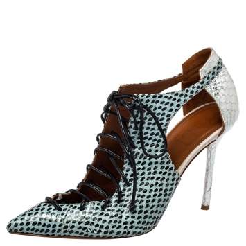 Pre Owned Malone Souliers Multicolor Python Montana Pointed Toe Lace Up Booties Size 37
