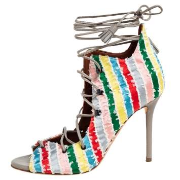 Pre Owned Malone Souliers Multicolour Frayed Fabric Savannah Open Toe Booties Size 36